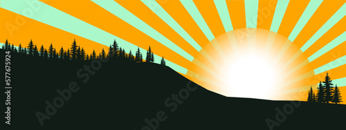 Silhouette of mountains forest tress view landscape panorama background, sunrise sunset sunbeams, illustration icon vector for logo hiking adventure nature wildlife