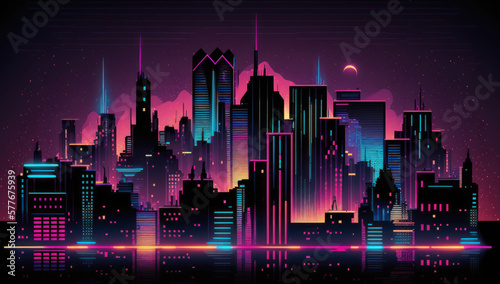 Night city many building illustration with neon glow and vivid colors. Generative ai.