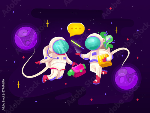 Vector illustration two astronauts communicate in space.