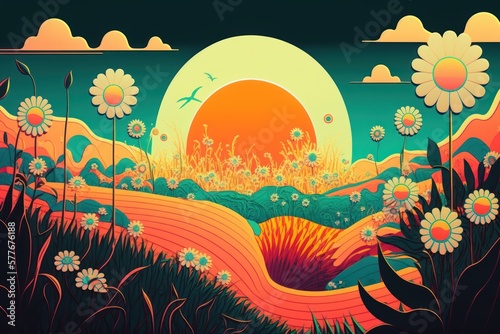 Abstract retro psychedelic fancy landscape with vibrant color fields, daisy flowers and sun .Generative ai.