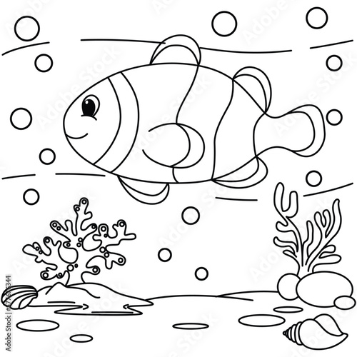 Funny fish cartoon characters vector illustration. For kids coloring book.