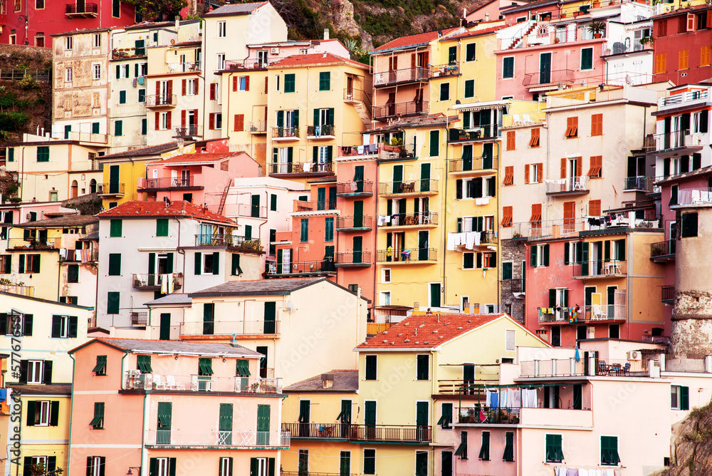 Beautiful texture of colored houses in Manarolа, Cinque Terre, Liguria, Italy, Europe