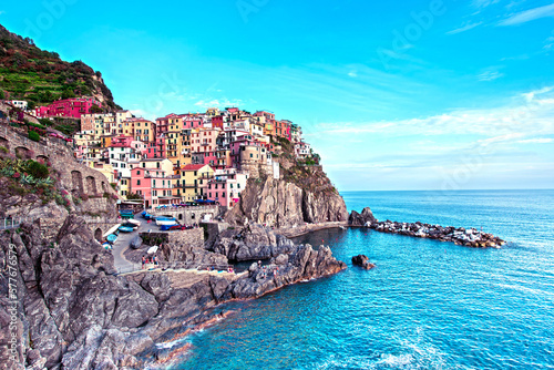 Obraz na płótnie Beautiful magic colorful summer landscape on the coast of Manarola in Cinque Terre, Liguria, Italy. Exotic amazing places. Popular tourist atraction. w salonie