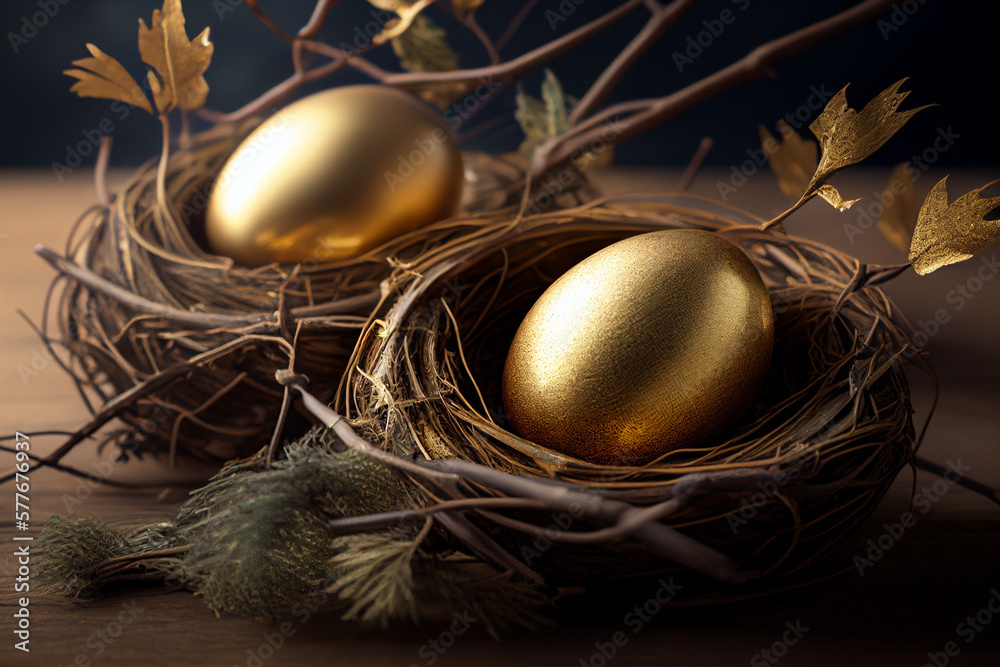 Beautiful golden Easter eggs in a nest. Generative AI
Beautiful golden Easter eggs in a nest. Generative AI