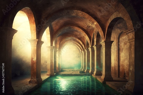 Tableau sur toile cistern inside ancient underground aqueduct on blurry background, created with g