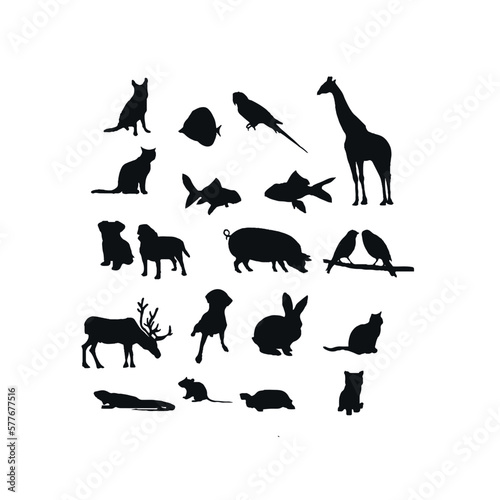 Canvas Print silhouettes of wild and domestic animals, carnivores and herbivores, black and w
