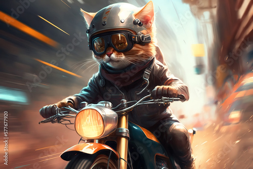 Valokuvatapetti Brutal cool cat biker, serious fluffy pet in helmet, goggles fast riding motorcycle, motion blur