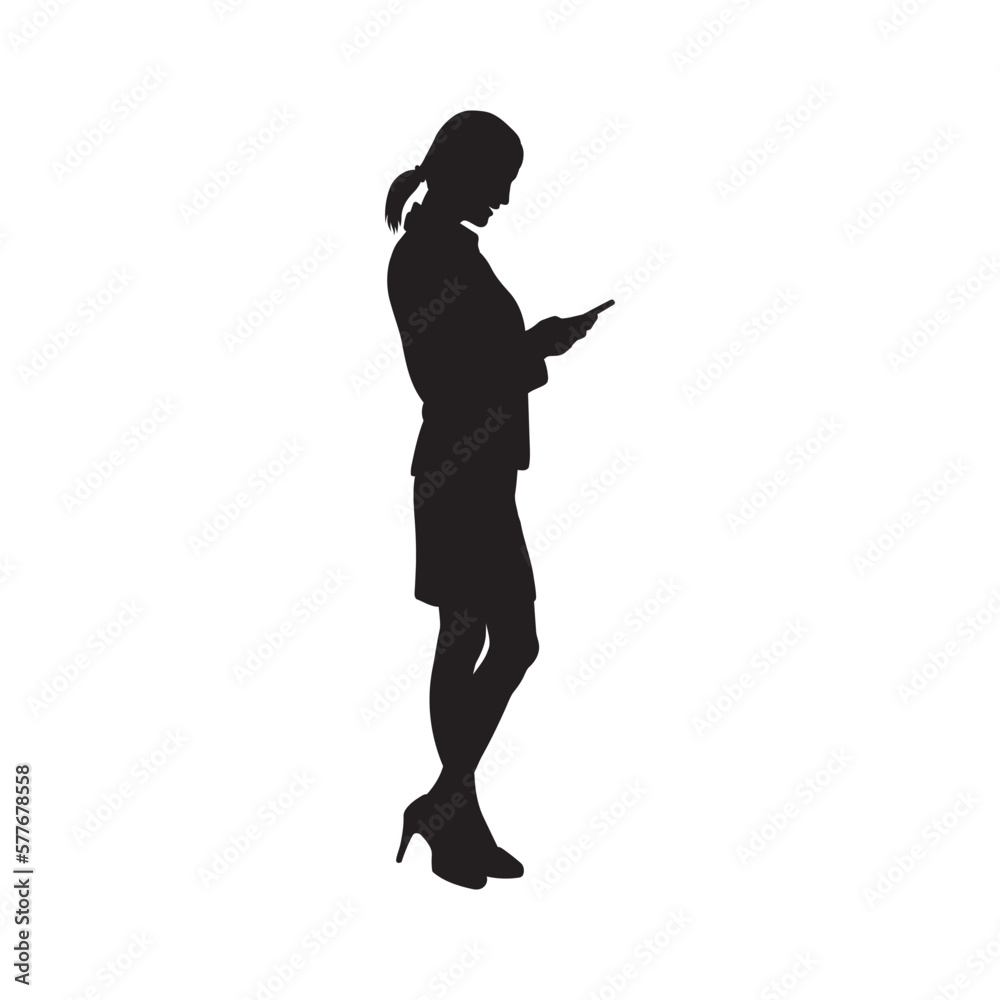 Woman standing and using a phone silhouette on white background.