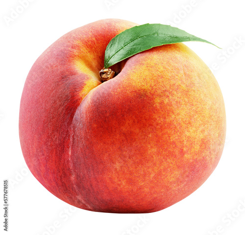 Ripe whole peach fruit with green leaf isolated on transparent background. Full depth of field.