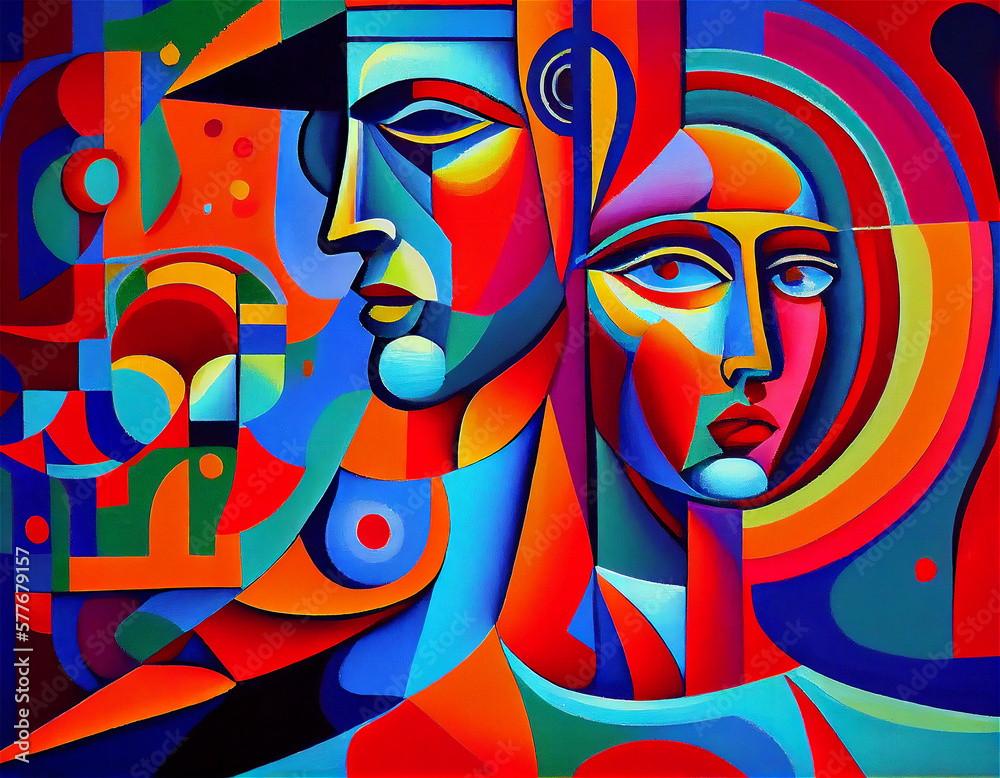 A colorful illustration made in the style of a glass mosaic of the second half of the 20th century, a man and a woman A colorful illustration made in the style of a glass mosaic of the second half of the 20th century, a man and a woman