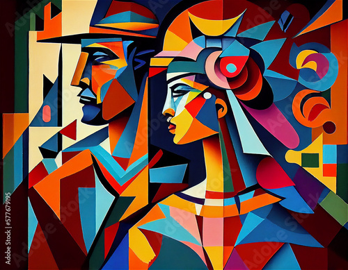 A colorful illustration made in the style of a glass mosaic of the second half of the 20th century, a man and a woman