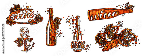 Wine Designs - Collection of wine glasses and bottles. Hand drawn elements for invitation cards, advertising banners, menus in gold style. Wine glasses with splashing wine. Sketch vector illustration.