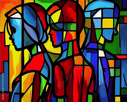 Colorful illustration made in the style of cubism people on the street of the city