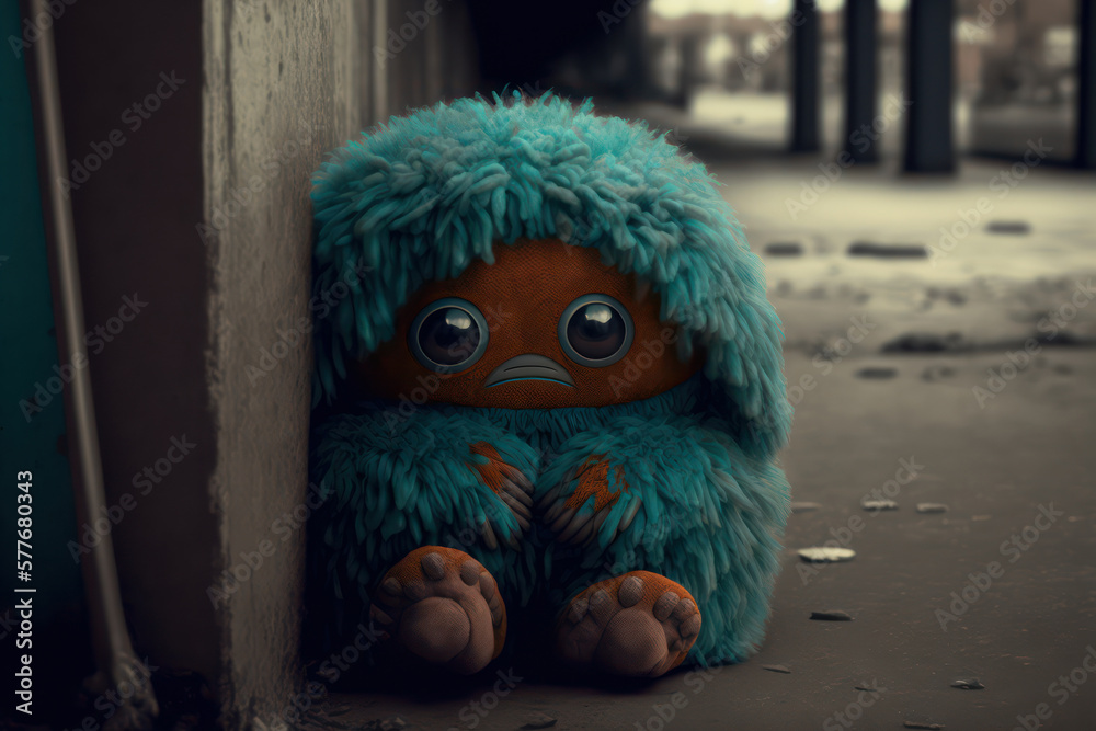 Generative AI illustration of cute adorable little alien left abandoned and homeless in big Earth city