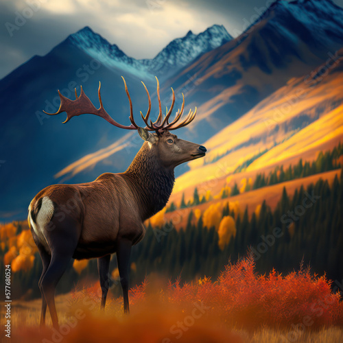 Generative AI illustration of beautiful red deer stag in vibrant Autumn Fall mountain landscape image