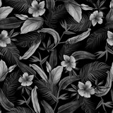Monochrome Watercolor Seamless Pattern with Tropical Flowers