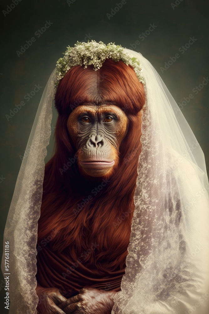  Orangutan dressed up in wedding dress. Generative AI