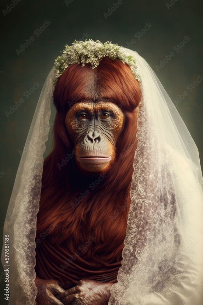 Orangutan dressed up in wedding dress. Generative AI Orangutan dressed up in wedding dress. Generative AI