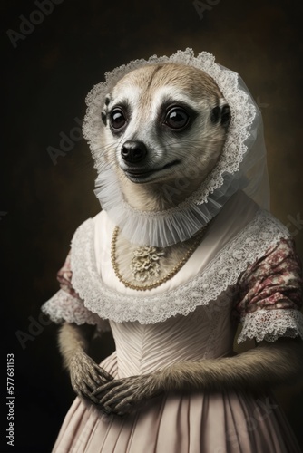  Meerkat dressed up in wedding dress. Generative AI