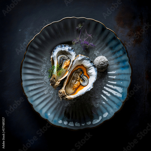 Photorealistic Gourmet Dish, Oysters on a Plate, Topview Perspective - Generative AI