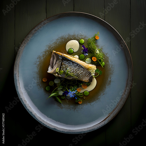 Photorealistic Gourmet Dish, Seabass Fish Fillet, Topview Perspective - Generative AI
