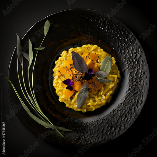 Photorealistic Gourmet Dish, Saffron Risotto in a Dark Plate, Topview Perspective - Generative AI
