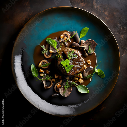 Photorealistic Gourmet Dish, Delicious Veal in a Dark Plate, Topview Perspective - Generative AI