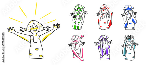 Young girl character emotions set. Happiness, disgust and anger, sadness and love, female teenager fear and stress. Sketched style line drawing.