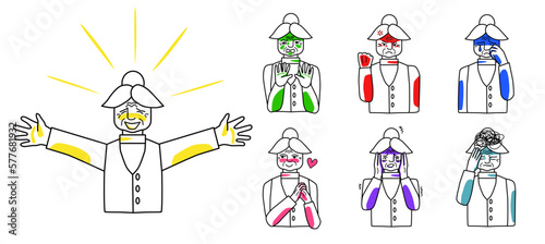 Old woman character emotions set. Happiness, disgust and anger, sadness and love, elder female fear and stress. Sketched style line drawing.