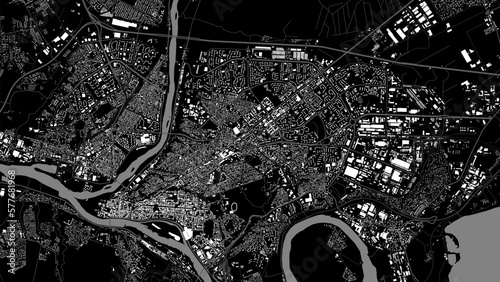 Kaunas city background map, black and white urban area municipal map, 1920 1080. River Neman and Neris, roads and railway, buildings and parks.