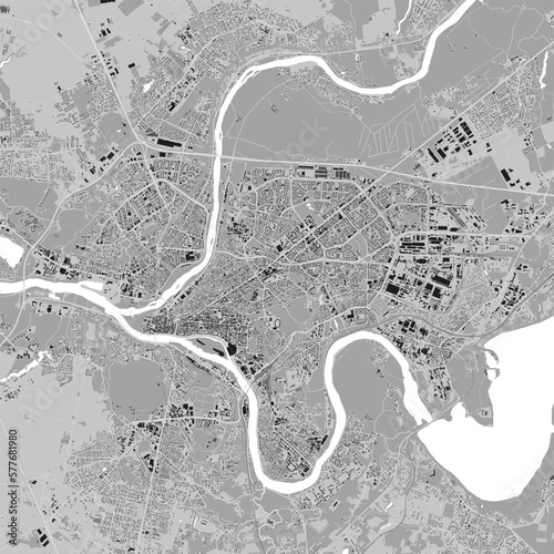 Kaunas city map, grey square urban area municipal map. River Neman and Neris, roads and railway, buildings and parks.