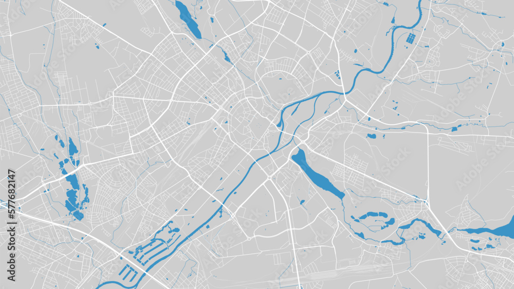 River Warta map, Poznan city, Poland. Watercourse, water flow, blue on grey background road map. Vector illustration. - obrazy, fototapety, plakaty 