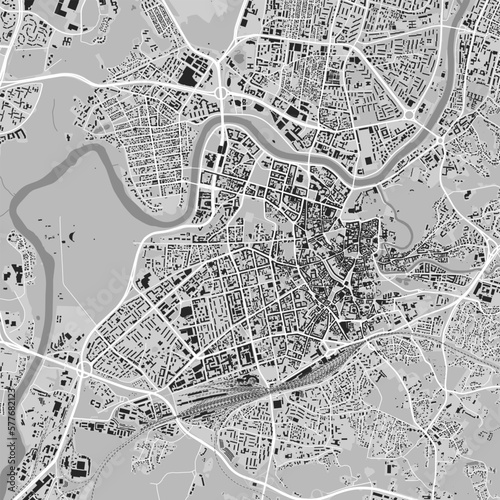 Vilnius city map, grey square urban area municipal map, Lithuania. River Neris and Vilnia, roads and railway, buildings and parks.