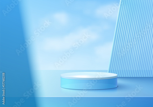 3D realistic blue crystal glass product podium background with partition and cloud blue sky. Minimal wall scene mockup product stage showcase, Banner promotion display. Abstract vector geometric form.