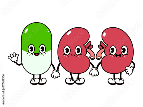 Cute, funny happy kidneys and pill character. Vector hand drawn cartoon kawaii characters, illustration icon. Funny cartoon kidneys and pill friends concept