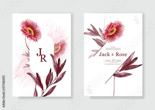 Magenta flower wedding invitation card watercolor vector design