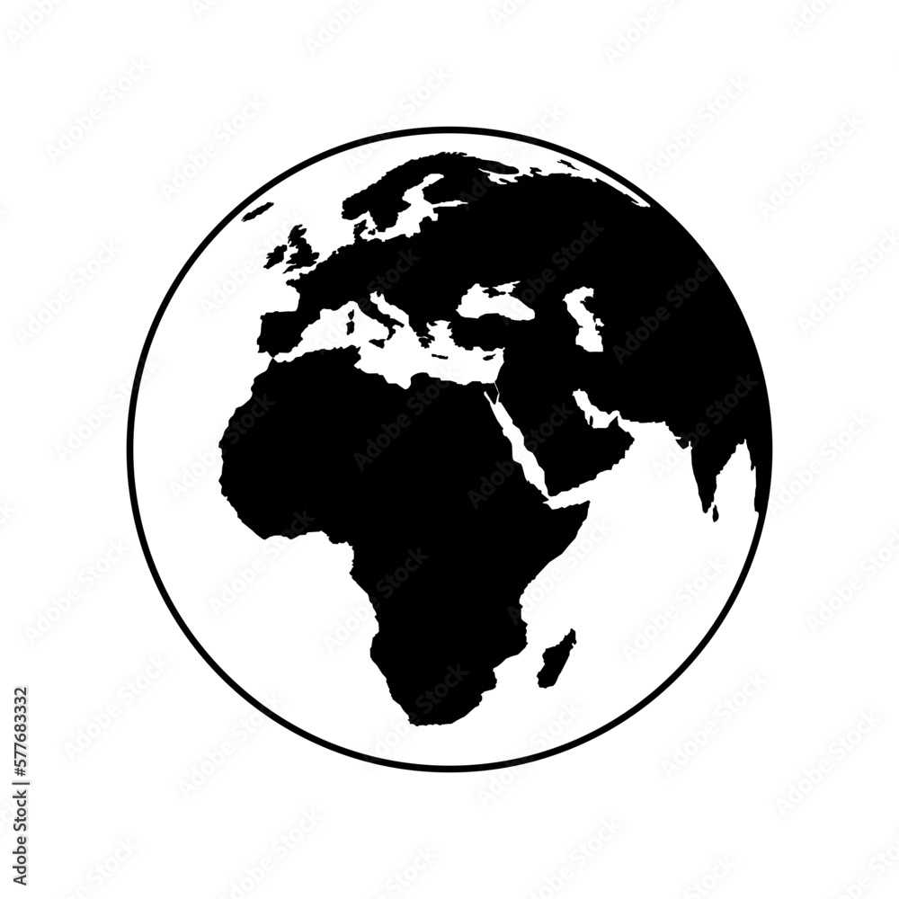 Planet Earth globe world silhouette black and white icon vector. Planet Earth graphic design element isolated on a white background. World map template with continents Africa, Europe vector