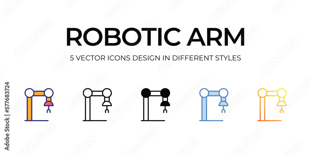 robotic arm Icon Design in Five style with Editable Stroke. Line, Solid, Flat Line, Duo Tone Color, and Color Gradient Line. Suitable for Web Page, Mobile App, UI, UX and GUI design.