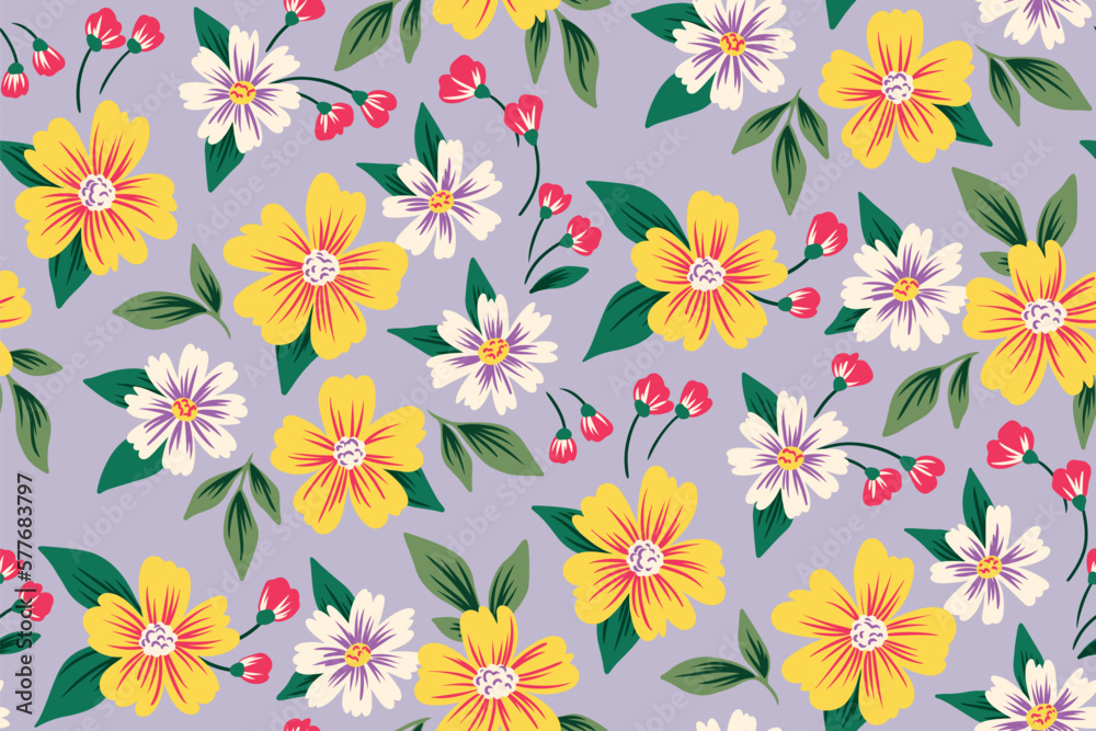 Seamless floral pattern, colorful ditsy print with vintage summer motif. Cute botanical design with small hand drawn flowers, leaves in a liberty arrangement on a lilac background. Vector illustration