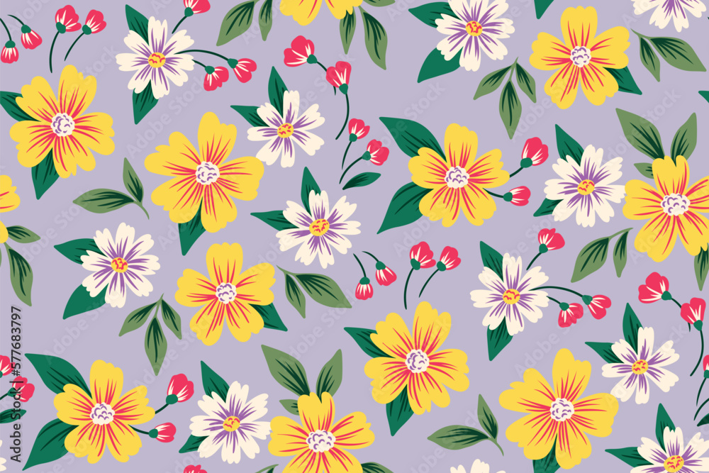 custom made wallpaper toronto digitalSeamless floral pattern, colorful ditsy print with vintage summer motif. Cute botanical design with small hand drawn flowers, leaves in a liberty arrangement on a lilac background. Vector illustration