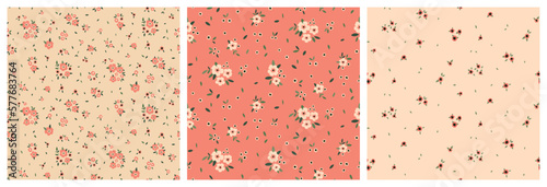 Seamless floral pattern, liberty ditsy print of tiny cute flowers in a set. Pretty botanical design, delicate flower background with small hand drawn flowers, leaves. Vector illustration.