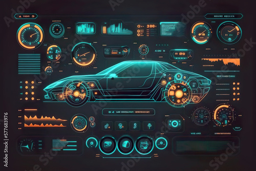 Infographic interface of cars in HUD style  analysis and diagnostics in the servicing of modern cars are of great help in identifying faults. AI generated illustration.
