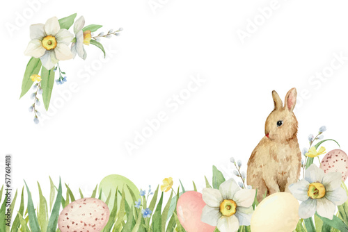 Watercolor vector Happy Easter card with cute bunnie, eggs, flowers and grass.