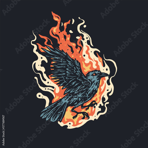 A black raven with flames on it vintage style illustration