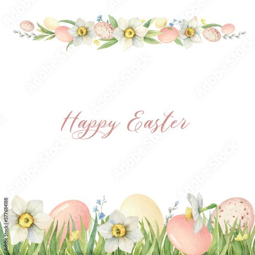 Happy Easter vector watercolor hand painted greeting card.