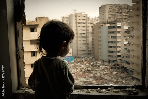 Stampa su tela A sad child standing in front of collapse buildings