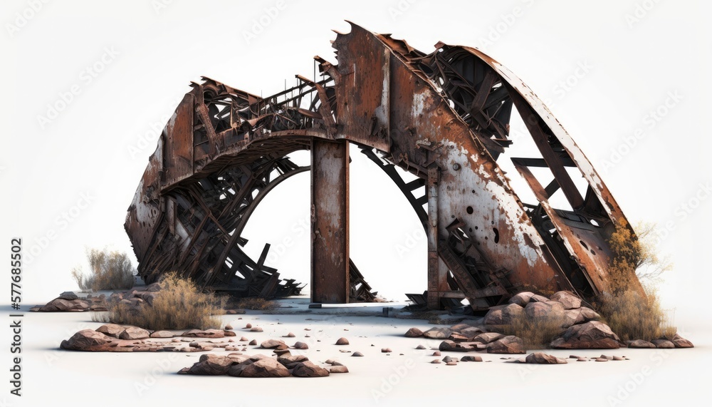 Fototapeta premium Ruined damaged rust bridge, post apocalypse object