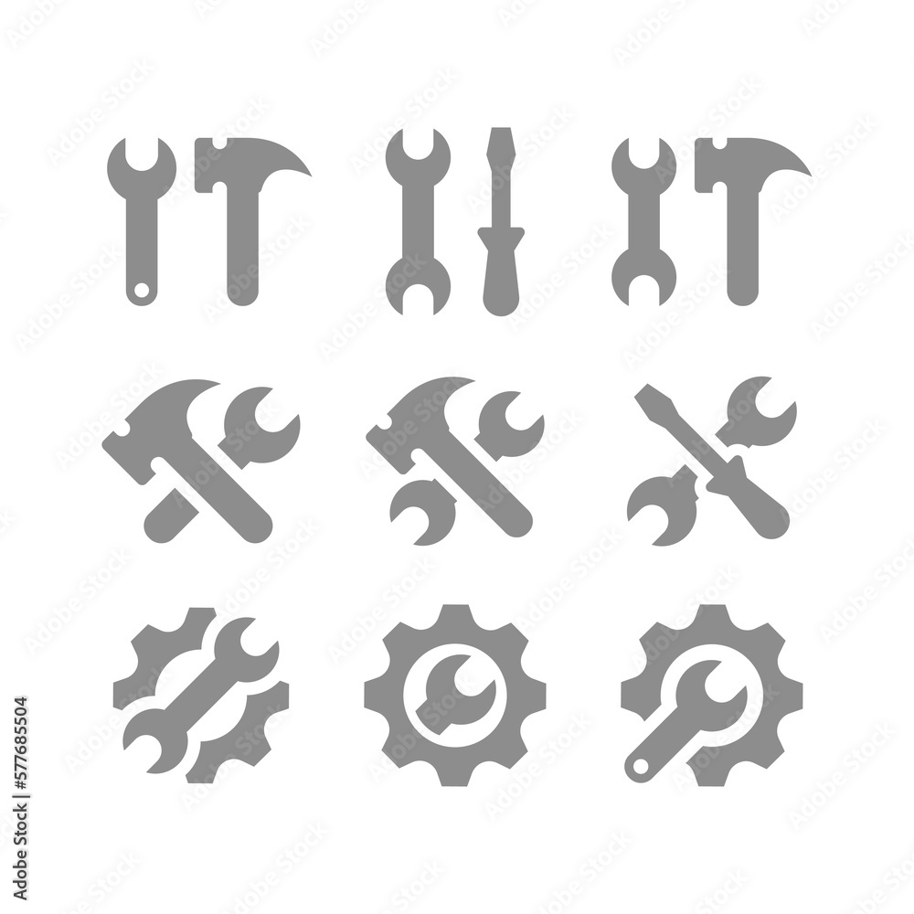 Wrench or spanner and hammer, screwdriver crossed icon set. Settings, tools and gear fill icons. Wrench or spanner and hammer, screwdriver crossed icon set. Settings, tools and gear fill icons.