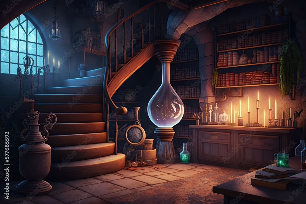Witch or wizard alchemical laboratory with magic glow. Ai. Alchemist