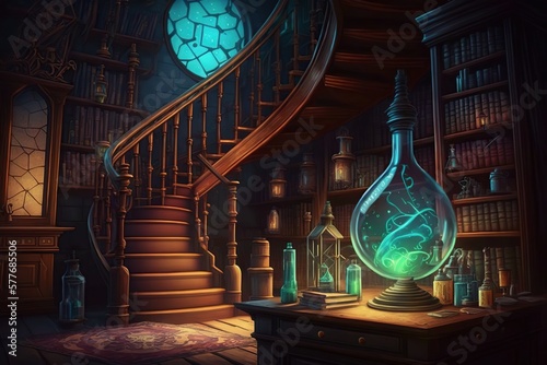 Witch or wizard alchemical laboratory with magic glow. Ai. Alchemist lab interior with wooden furniture and spiral staircase